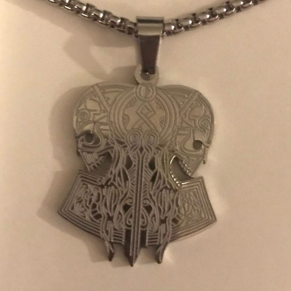 “Opposing Tribal Skulls” Native American Aztec Celtic Nordic Conjoined Necklace - Picture 13 of 13